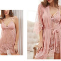 Fancy New Print Cardigan Fashion Lace Translucent Sexy Women Long Sleeve Dress 2 Piece Pajama Set Women